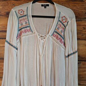 White Flowy Long Sleeve Shirt With Unique Stitch Pattern